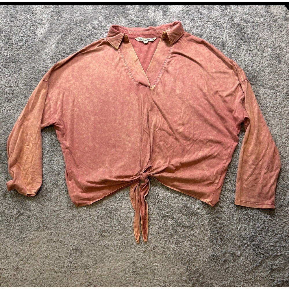 Vanilla Star Womens Acid Wash Tie Front Top M Pink Cotton Rayon V-Neck
